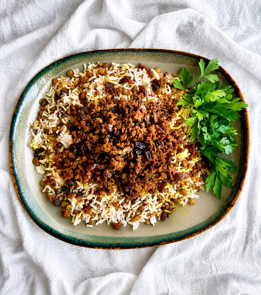 عدس پلو با گوشت و‌ کشمش