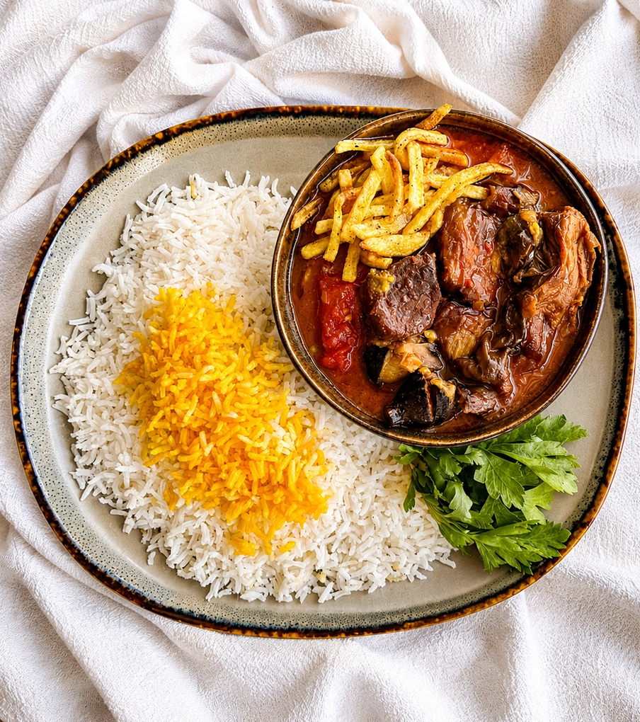چلو خورشت گوشت و بادمجان